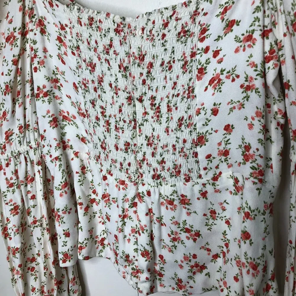 Reformation Cera Top White Red Floral Long Sleeve Button Front Sweetheart Neck 8